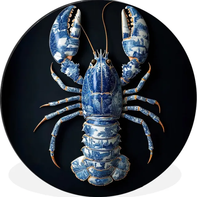 WallCircle Wandcirkel - Muurcirkel - Kreeft - Delftsblauw - Schild - Stoer - Aluminium - Dibond - 30x30 cm - Binnen en Buiten