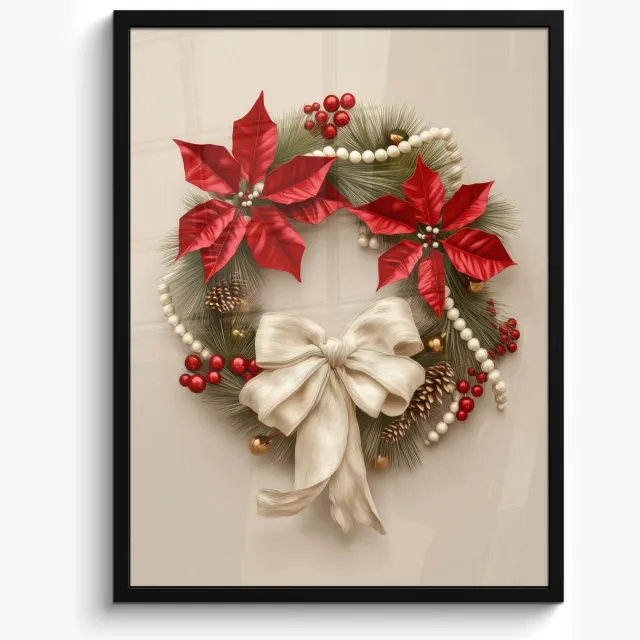 FrameYourWall Poster in lijst - Fotolijst 60x80 cm - Posters - Deurkrans - Strik - Kerst - Rood - Groen - Posterlijst zwart - Decoratie - Wanddecoratie woonkamer - Muurdecoratie slaapkamer - Kerstversiering - Kerstdecoratie voor binnen - Kerstmis