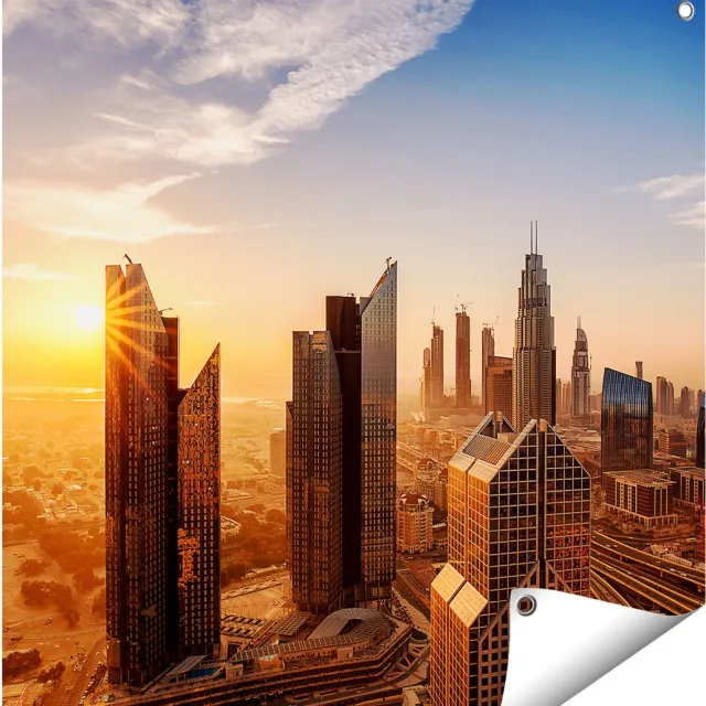 Gards Tuinposter Dubai Stad bij Zonsopgang - 70x70 cm - Tuindoek - Tuindecoratie - Wanddecoratie buiten - Tuinschilderij Multikleur
