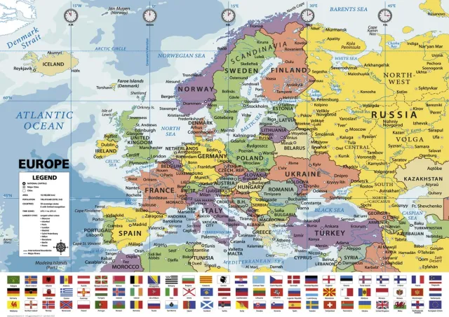 Posterpoint Europa kaart poster - groot - formaat 70 x 100cm - vlaggen - luxe - multi - wanddecoratie Multi color