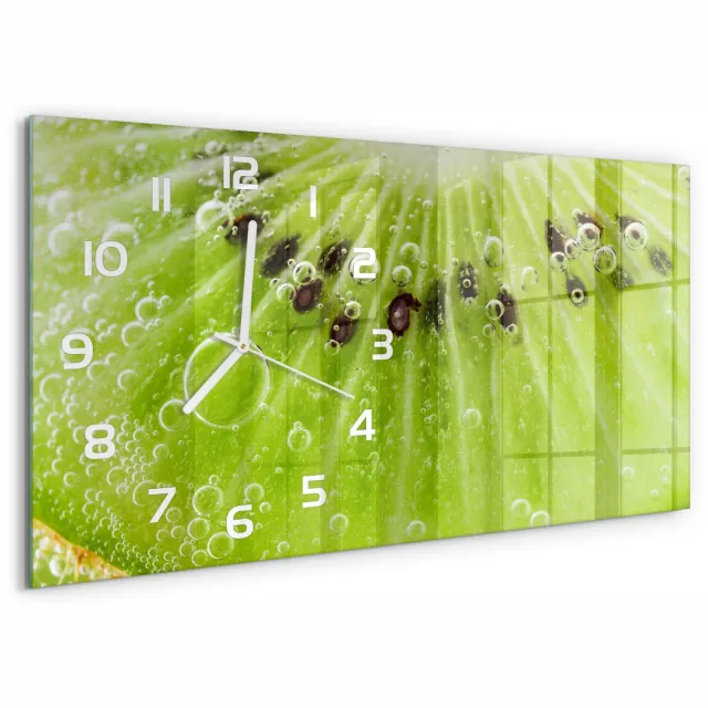 TULUP Wandklok - Kiwi Glazen Klok Met Print - 60x30 cm - Groente Wandklok Glas Met Motief - Witte handen - Rechthoekige Klok - Wandklok Glas Decoratie - Gekleurde Glazen Klok