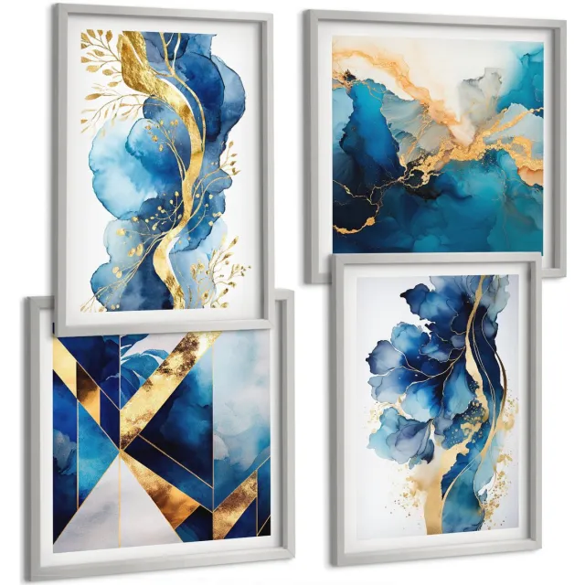 TULUP 4-Delige Schilderij Set - Blauwe abstracte patronen met subtiele accenten - 40 x 40 cm en 40 x 60 cm - Wanddecoratie - Muurdecoratie - Moderne Interieurdecoratie - Interieur Decoratie
