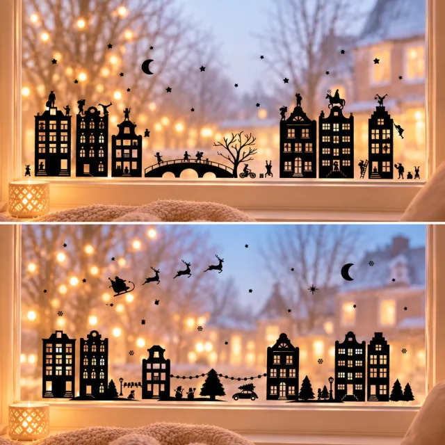 Lievf Raamstickers Sinterklaas & Kerst – 136-delige set met 6 grachtenpanden en brug – Herbruikbare raamdecoratie zwart