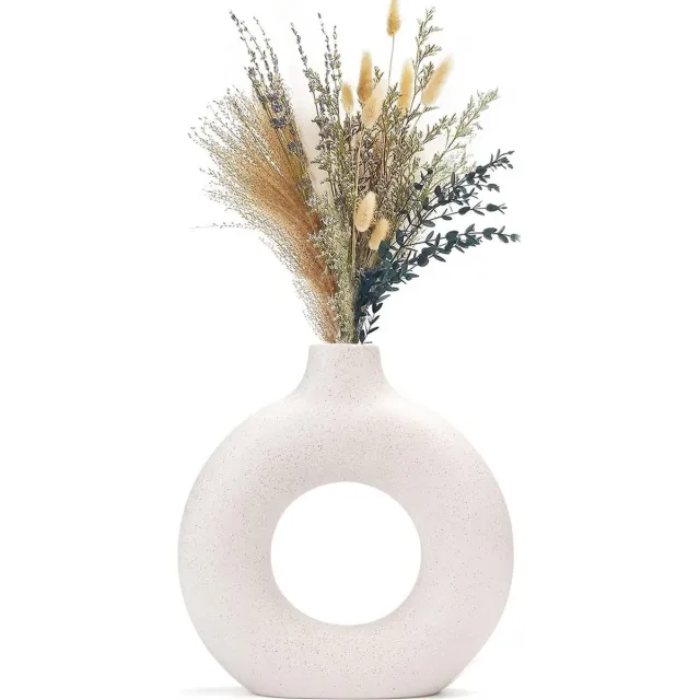 meerklose Vaas voor pampasgras en gedroogde bloemen, keramische donutvaas, ronde vorm, moderne vaas als decoratie voor woonkamer, kantoor, beige wit