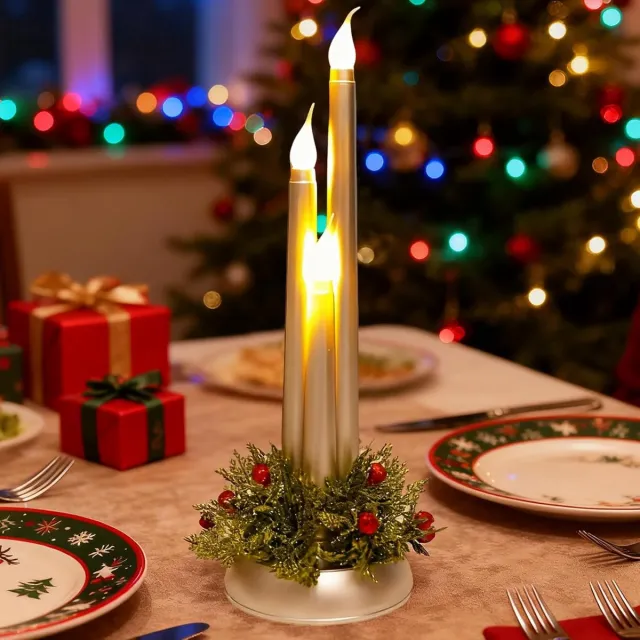 Daity 1 stuk - Vlamloze kegelkaars met voet - 12-inch plastic batterijgevoede vlamloze kaars met 3D-lont - LED-kaarsenhouder - geschikt voor bruiloften en kerstdecoraties zilver