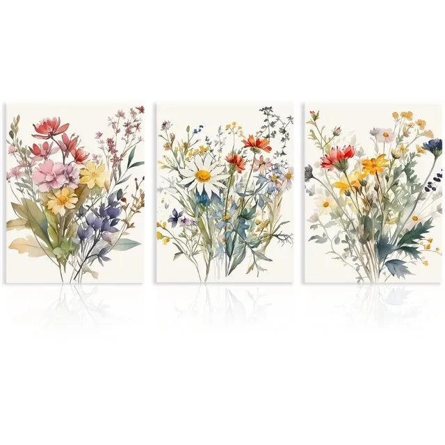 Ibenzoa Aquarel Wilde Bloemen Canvas Kunst Set van 3 voor Diverse Interieurs kleurrijk