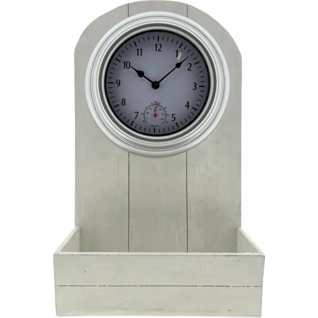 Benza Buitenklok - Houten Plantenbak met klok en Thermometer - Buiten Gebruik - Wit - 50 x 30 x 15 cm