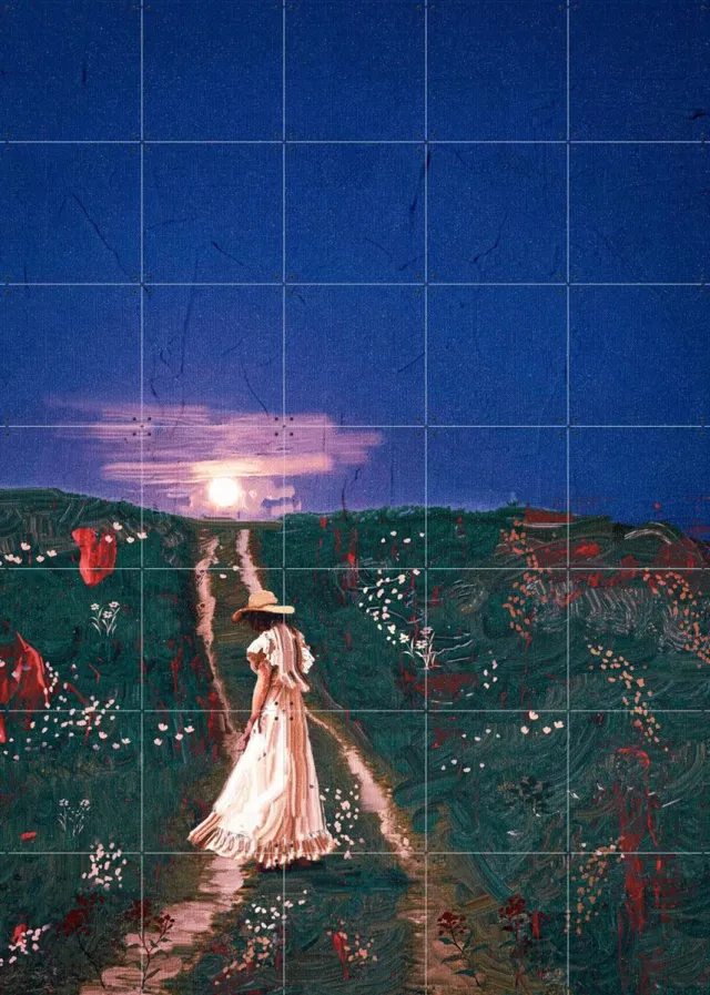 IXXI Walking At Night, Vineet Suresh - 100 x 140 cm - Grote wanddecoratie en posters - Olieverf, Klassiek, Realisme, Speels, Impressionisme, Vintage Groen / Blauw