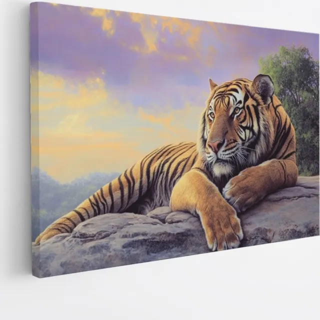 Saammp Canvas Schilderij - Jonge Tijger op rots - Natuur - Dieren - 40x30 - Foto op canvas - Wanddecoratie - muurdecoratie Woonkamer - Slaapkamer decoratie - Canvas Print Multicolor