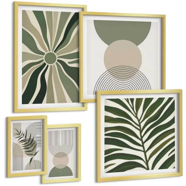 Coloray 5-Delige Schilderij Set - Stijlvolle Afbeeldingen In Groene Tinten Met Plantaardige En Geometrische Motieven. - 50 x 50 cm, 20 x 30 cm En 40 x 60 cm - Decoratieve Schilderijen - Woonkamer - Interieur - Muurdecoratie Gouden lijst