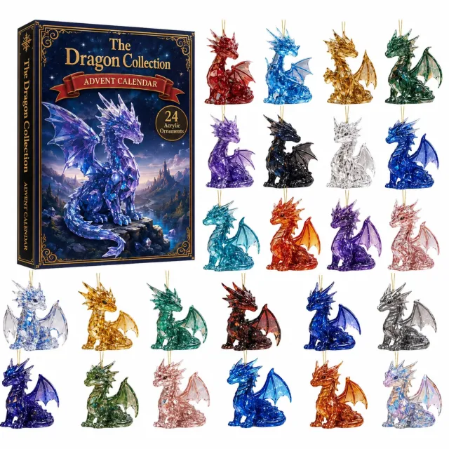 SWGOTA Adventskalender met 24 gekleurde drakenhangers voor Kerstmis - verpakking 26 × 18 × 3 cm Blauw