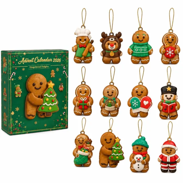 SWGOTA Adventskalender 2026 met peperkoekfiguren, 26 x 18 x 3 cm, kersthangdecoraties met groene doos Bruin