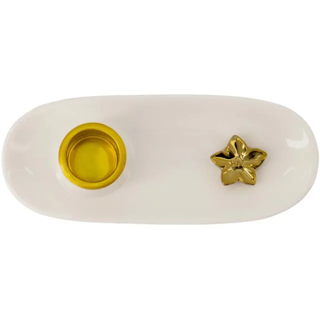 Zusss Kandelaar Keramiek Met Bloem - White / Gold - 14X6cm
