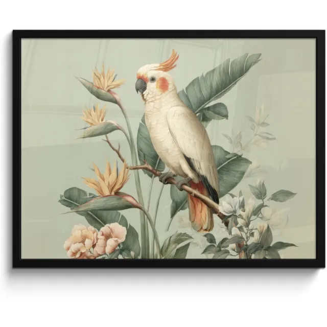 FrameYourWall Poster in lijst - Fotolijst 80x60 cm - Posters - Gele kuifkaketoe - paradijsvogelbloemen - Groen - Posterlijst zwart - Decoratie - Wanddecoratie woonkamer - Muurdecoratie slaapkamer