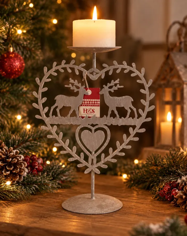 ZoeZo Design Kaarshouder - kandelaar - waxinelichtjeshouder - kerst - rendier - grijs - metaal - H25 x Ø 17 cm