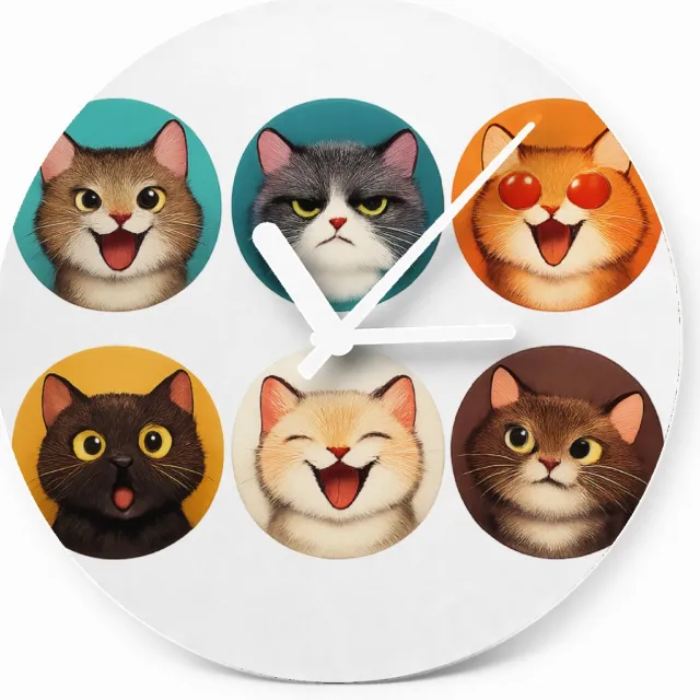 Mr Cadeautjes Glazen klok Ø 20 - design Set van zes expressieve kattenportretten met verschillende s | cadeau Wit