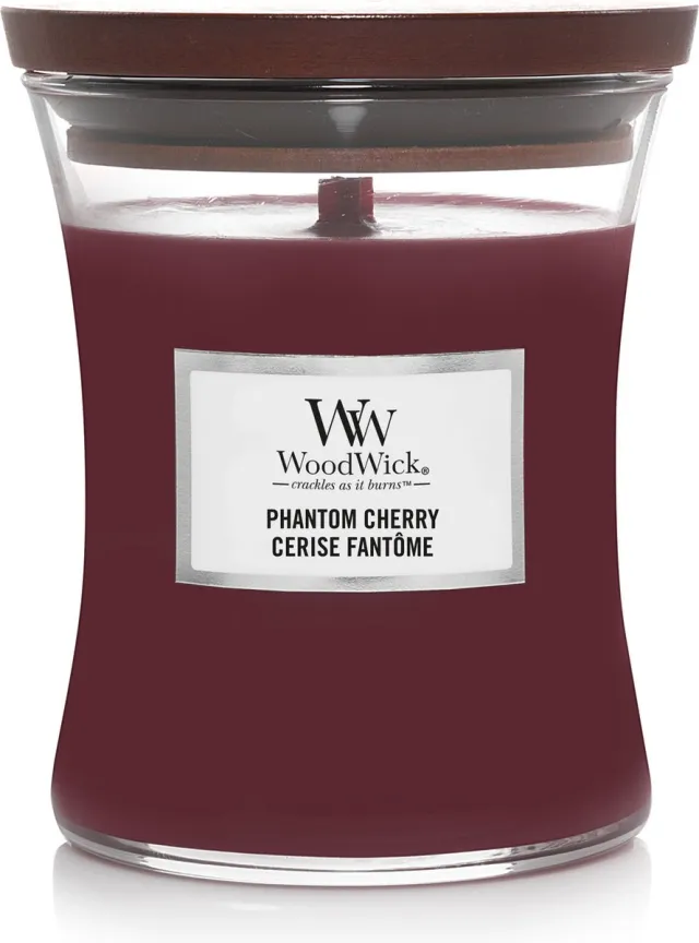 Woodwick Hourglass Medium Geurkaars - Phantom Cherry - 60 branduren Donkerrood