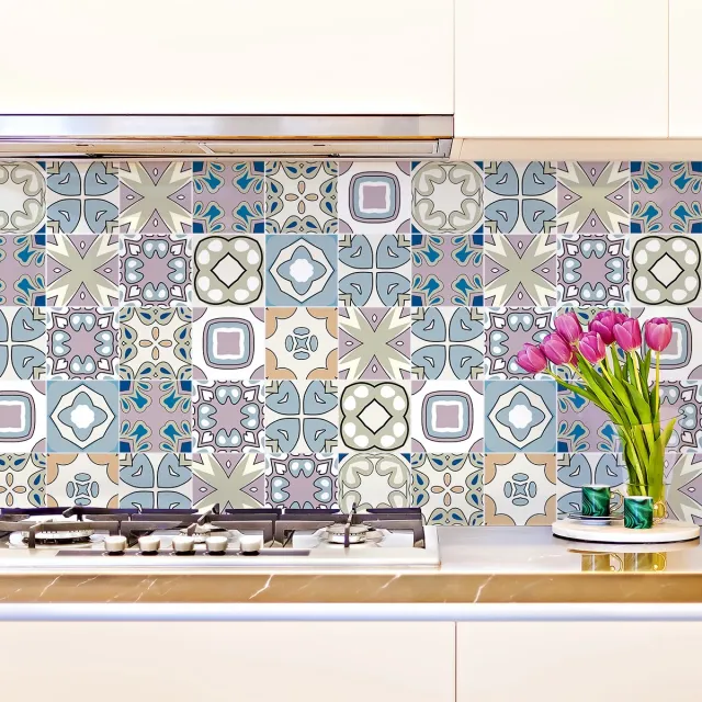 Ambiance Sticker Zelfklevende tegelmuurstickers voor keuken en badkamer - 9 cementtegelstickers AZULEJOS LUIGO - 9 stickers 15x15cm Multi color