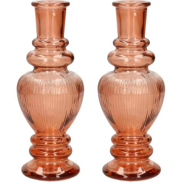 Ideas 4 Seasons Bloemenvaas Venice - 2x - voor kleine stelen/boeketten - gekleurd sierglas - ribbel zacht oranje - D5.7 x H15 cm