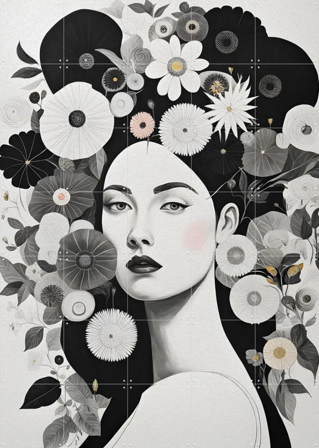 IXXI Bernadette, Artclaud - 100 x 140 cm - Grote wanddecoratie en posters - Illustraties, Grafisch Ontwerp, Woonkamer, Slaapkamer, Natuur, Portretten Zwart / Zwart en wit / Monochroom