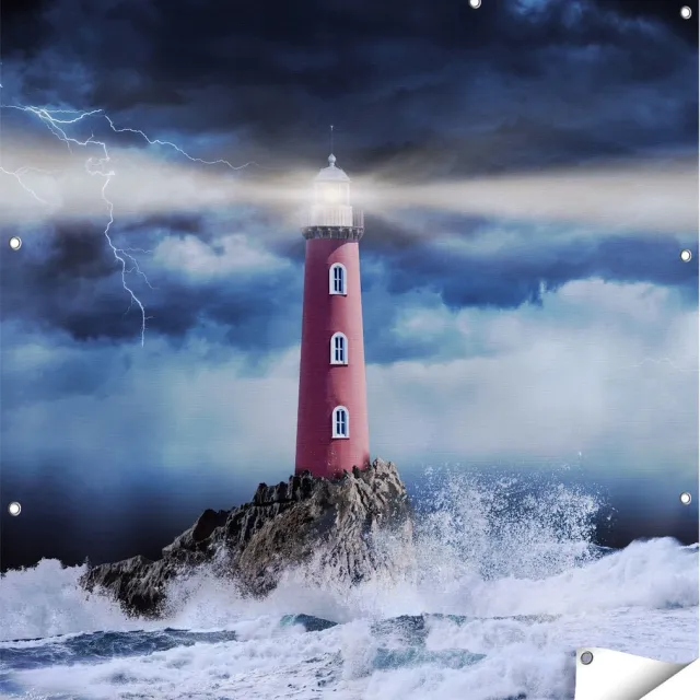 Gards Tuinposter Vuurtoren op een Storm Zee met Golfen Water - 110x110 cm - Tuindoek - Tuindecoratie - Wanddecoratie buiten - Tuinschilderij Multikleur