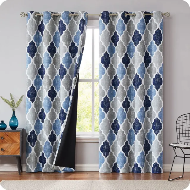 My Ninki ® Stijlvolle Verduisteringsgordijnen voor Slaapkamer en Woonkamer met Geometrisch Ruitpatroon, Set van 2 blauw
