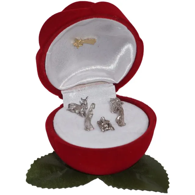 Famanu Mini kerststal in de vorm van een fluweelzachte roos, verzilverde miniatuur Heilige Familie, perfect als kerstcadeau, 6,0 x 5,5 cm