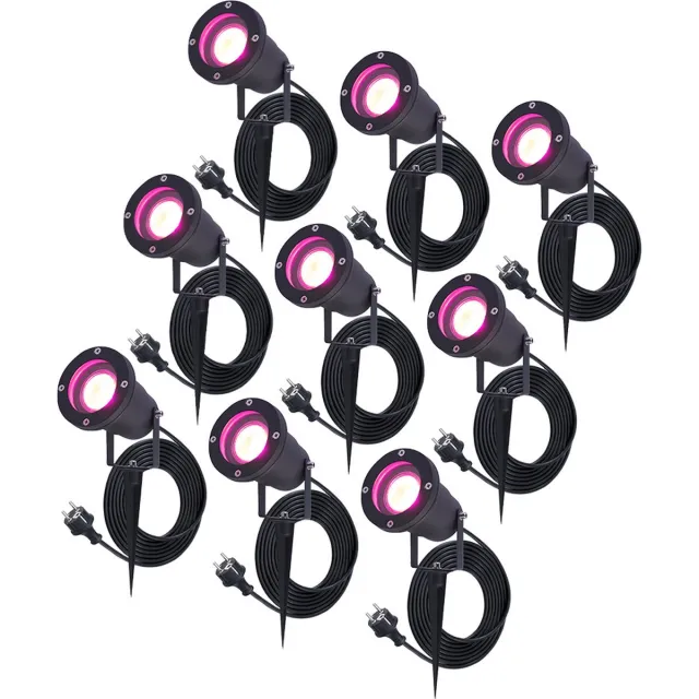 HOFTRONIC SMART HOFTRONIC Sydney - 9x Smart Prikspot - GU10 - Plug & Play - RGBWW - 5.5 Watt - WiFi & Bluetooth (Seamless Connect) - IP65 Waterdicht voor buiten - Priklamp - Zwart - Grondspies - 1.5 meter netsnoer - Slimme Grondspot Buitenlamp