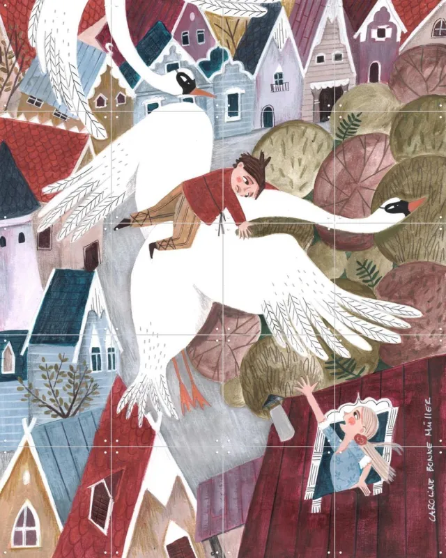 IXXI The magical wild geese, Caroline Bonne Müller & Various - 80 x 100 cm - Grote wanddecoratie en posters - Speels, Kleurrijk, Fantasierijk Rood / Wit