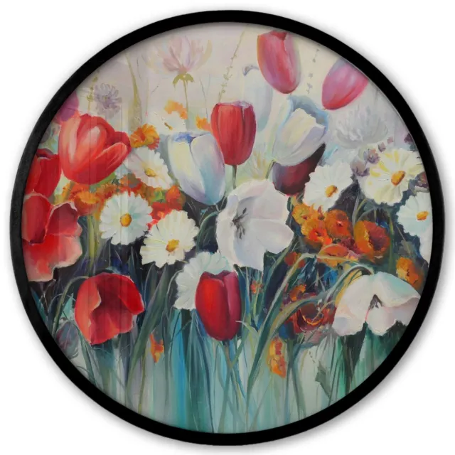 FrameYourWall Poster in lijst Rond - Fotolijst 40x40 cm - Posters - Schilderij - Olieverf - Bloemen - Ronde posterlijst zwart - Decoratie - Wanddecoratie woonkamer - Muurdecoratie slaapkamer Multicolor