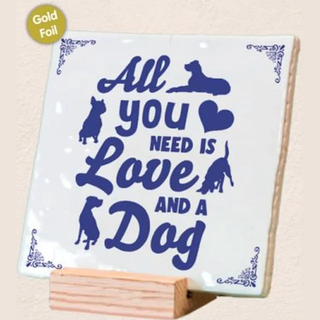 Relaxwonen Decotegel met Standaard - All You Need Dog - Delfsblauw - 11x11x0.5 cm Wit