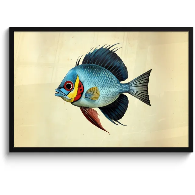 FrameYourWall Poster in lijst - Fotolijst 90x60 cm - Posters - Blauw - Kieuwen - Vis - Illustratie - Posterlijst zwart - Decoratie - Wanddecoratie woonkamer - Muurdecoratie slaapkamer Vis - Kieuwen