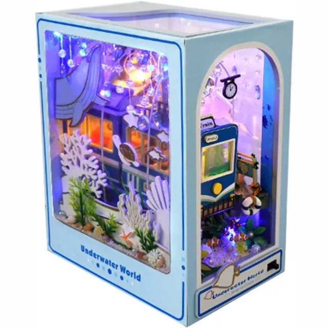 COVREO DIY boekenkastinzet met LED licht – 18x15x9,8 cm – Decoratieve boekensteun van hout – miniatuur kit voor bureau en plank – Blauw wit