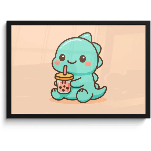 FrameYourWall Poster in lijst - Fotolijst 60x40 cm - Posters - Dino - Boba - kawaii - Oranje - Posterlijst zwart - Decoratie - Wanddecoratie woonkamer - Muurdecoratie slaapkamer