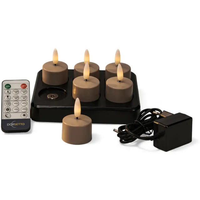 Dorsetto Led waxinelichtjes oplaadbaar beige – tot 400 uur brandduur – 6 stuks – met afstandsbediening en oplaadstation