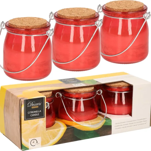 Decoris Citronella kaars - 6x - in rood glazen potje - 8 branduren - citrusgeur