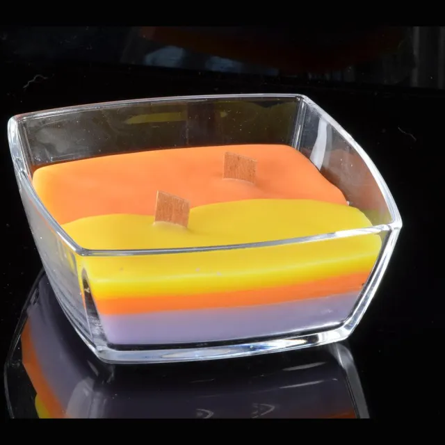 MilaNNE Tri ColorePlus Houten Pit (Wooden Wick) Kaars met 2 pitten in vierkante schaal oranje