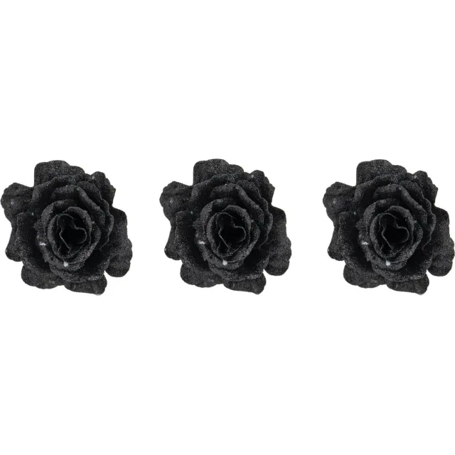 Cosy&Trendy Cosy & Trendy Roos op Clip - 3x stuks - zwart glitter - 10 cm - decoratiebloem - kerstversiering