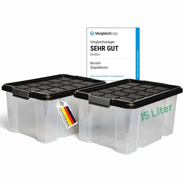 Novaliv 2x opbergdozen met deksel 15L antraciet Nestbare stapelbare opbergdozen met clipsluiting Kunststof doos BPA-vrij 41 x 29 x 20 cm