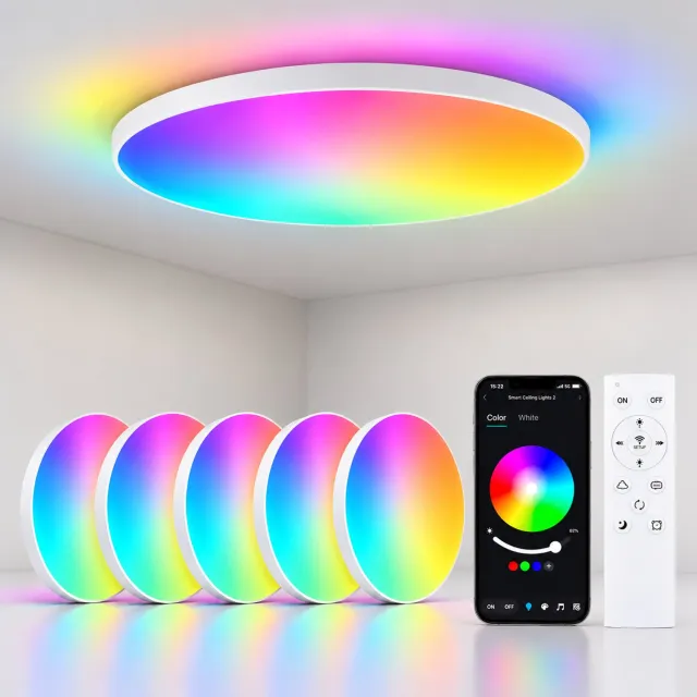 LOVHAUS 5x LED Plafondlamp Wit Ø30 cm – 24W – Dimbaar – RGB Verlichting – App & Afstandsbediening