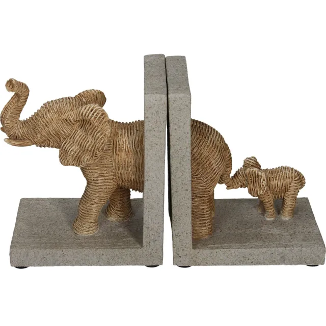 HD Collection Boekensteun Olifant met Jong Naturel Rietlook 25,5 x 8,8 x 15,5 cm Set van 2 Bruin; Grijs
