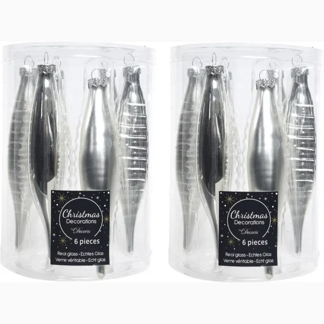 Decoris kerstbal pegels - 12x - zilver - D15 cm - glas - kersthangers - ijspegels - kerstversiering