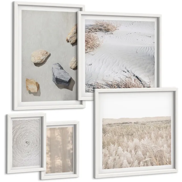 Coloray 5-Delige Schilderij Set - Boho-Texturen, Natuurlijke Structuren - 50 x 50 cm, 20 x 30 cm En 40 x 60 cm - Moderne Wanddecoratie - Woonkamer - Interieur Decoratie Witte lijst