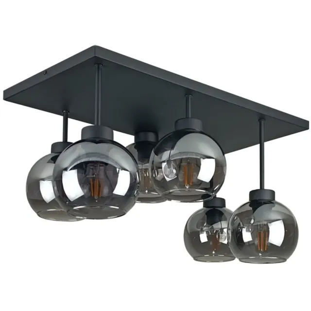 Keter Lighting Nessa Black Smoky Plafondlamp 6xE27 – Zwart Metaal & Rookglazen Lampenkappen