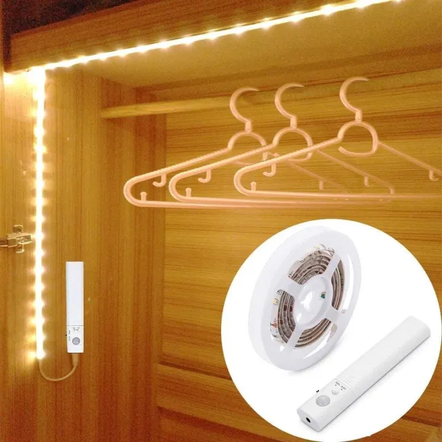 LUXJET Bewegingssensor Kledingkast licht, Flexibele 1.5M LED-strip, batterij aangedreven warmwit voor wandkast, trap, lade, kledingkast (aangedreven door 4 AAA-batterijen, niet inbegrepen) WITTE