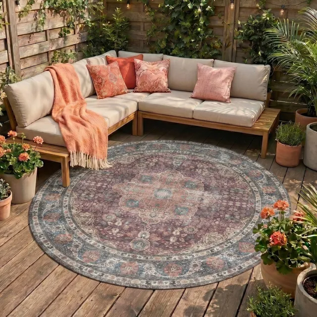 Fraai Rond binnen- en buitenkleed - Kairo Medaillon Bordeauxrood - Ø 100cm