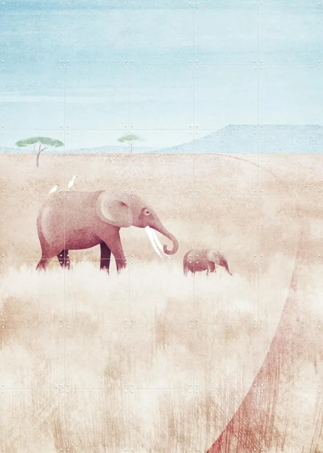 IXXI The Elephants, Henry Rivers - 100 x 140 cm - Grote wanddecoratie en posters - Aquarel, Illustraties, Minimalisme, Woonkamer, Mancave, Wilde Beige / Pastel kleuren