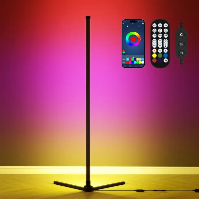 Puluomis Vloerlamp 140 cm - LED Hoeklamp - RGBIC-technologie - Synchroniseert op je muziek - Inclusief afstandbediening - APP besturing Zwart