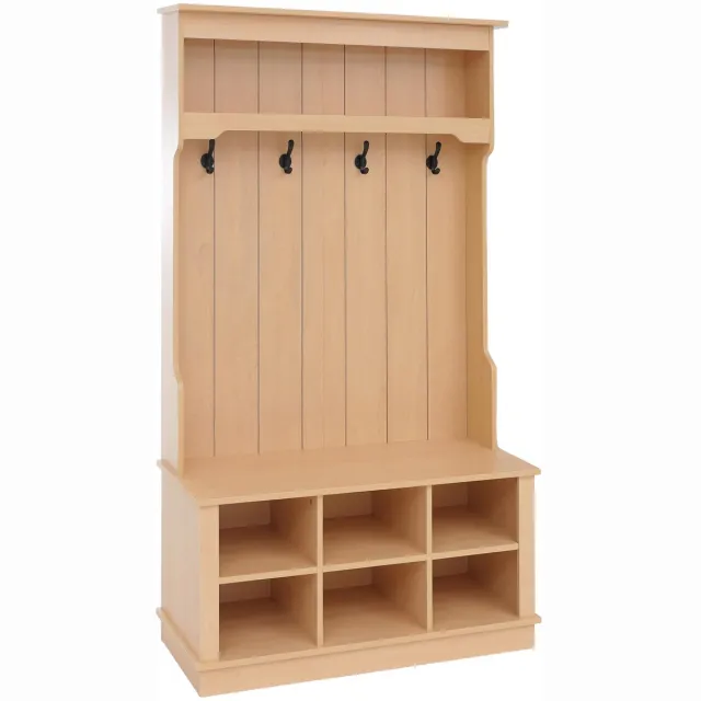 MCW Garderobekast MCW-P26, halgarderobekast, houten garderobekast met zitbank, 4 haken, opbergvak, melamine, 170 x 100 x 39 cm ~ naturel