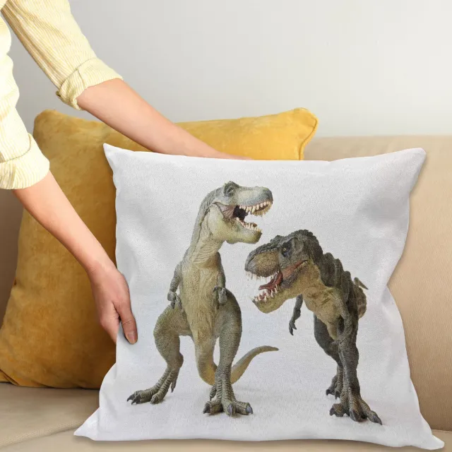 ABAKUHAUS Dinosaurier Kussenhoes, T-Rex Pair Predators, Wasbare Kleurechte Kussenhoes met Digitale Dubbelzijdige Print en Ritssluiting, 40 x 40 cm, Ivoor Bruin Grijs